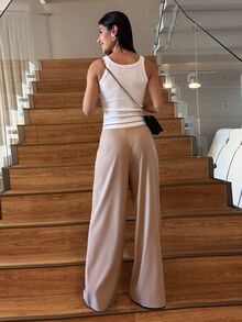 Yohana Edit Contrast Color Pocket Casual Suit Wide-Leg Pants In Fall/Winter - Khaki - View 2
