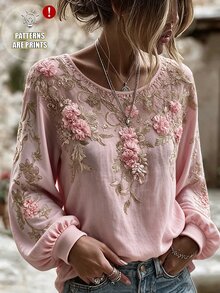 SHEIN Holidaya Sweatshirt Kasual Longgar Wanita Gaya Prancis Warna Pink Muda Motif Bunga Kerah Bulat dengan Manset - Baby Pink - View 1