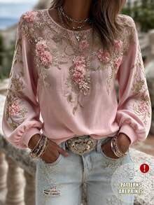 SHEIN Holidaya Sweatshirt Kasual Longgar Wanita Gaya Prancis Warna Pink Muda Motif Bunga Kerah Bulat dengan Manset - Baby Pink - View 3