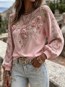 SHEIN Holidaya Sweatshirt Kasual Longgar Wanita Gaya Prancis Warna Pink Muda Motif Bunga Kerah Bulat dengan Manset - Baby Pink - View 4