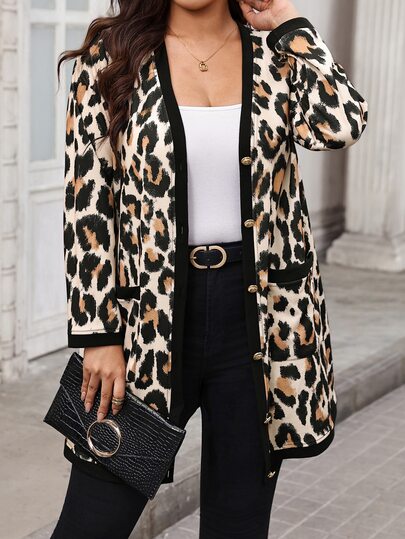SHEIN Clasi Plus Size Autumn Casual Normal Business Casual Elegant Leopard Print Jacket Office Formal Rodeo Fall