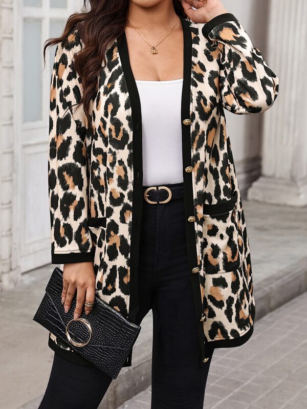 SHEIN Clasi Plus Size Autumn Casual Normal Business Casual Elegant Leopard Print Jacket Office Formal Rodeo Fall