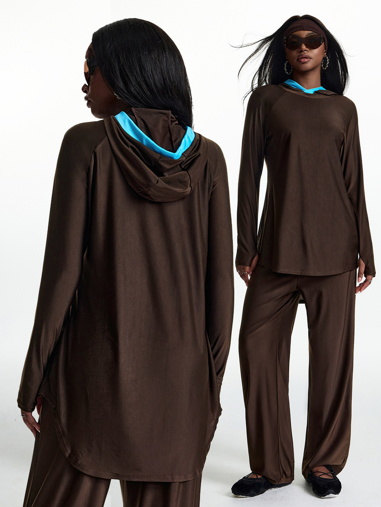 Innovista Innovista Women's Fall Brown Sports Athleisure Athletic UPF 40+ Set 2pcs Mesh Patchwork Hooded Long Sleeve Top And Long Pants Sport Modest Gym Workout - Brown - View 6