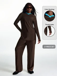 Innovista Innovista 女款秋季棕色運動休閒套裝 2件組 UPF 40+ 透氣網布拼接連帽長袖上衣與長褲 運動健身健身房穿搭 - 棕色 - 查看 2