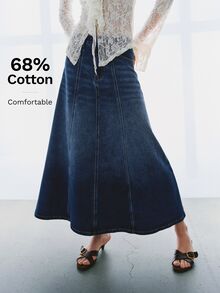 MOTF PREMIUM FRENCH STYLE A-LINE MINIMALIST DENIM LONG SKIRT - Blue - View 2