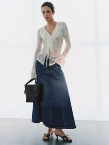 MOTF PREMIUM FRENCH STYLE A-LINE MINIMALIST DENIM LONG SKIRT - Blue - View 6