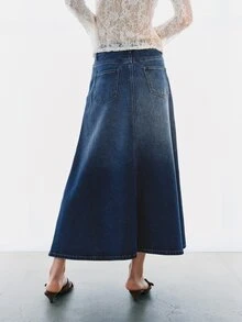 MOTF PREMIUM FRENCH STYLE A-LINE MINIMALIST DENIM LONG SKIRT - Blue - View 5