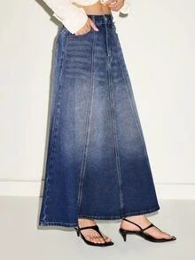 MOTF PREMIUM FRENCH STYLE A-LINE MINIMALIST DENIM LONG SKIRT - Blue - View 4