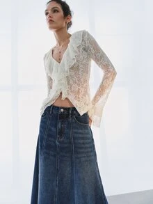 MOTF PREMIUM FRENCH STYLE A-LINE MINIMALIST DENIM LONG SKIRT - Blue - View 7