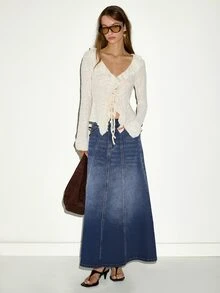 MOTF PREMIUM FRENCH STYLE A-LINE MINIMALIST DENIM LONG SKIRT - Blue - View 3