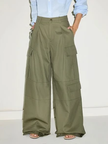 MOTF PREMIUM CHIC FRENCH RELAXED COTTON CARGO WIDE LEG PANTS, AUTUMN/WINTER, BACK TO SCHOOL - Army Green - View 3