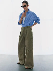MOTF PREMIUM CHIC FRENCH RELAXED COTTON CARGO WIDE LEG PANTS, AUTUMN/WINTER, BACK TO SCHOOL - Army Green - View 7