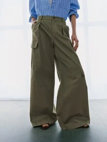 MOTF PREMIUM CHIC FRENCH RELAXED COTTON CARGO WIDE LEG PANTS, AUTUMN/WINTER, BACK TO SCHOOL - Army Green - View 9