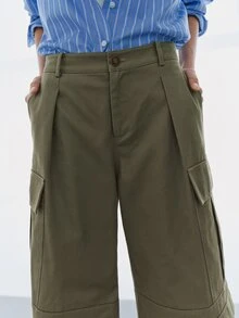 MOTF PREMIUM CHIC FRENCH RELAXED COTTON CARGO WIDE LEG PANTS, AUTUMN/WINTER, BACK TO SCHOOL - Army Green - View 6