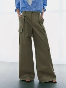 MOTF PREMIUM CHIC FRENCH RELAXED COTTON CARGO WIDE LEG PANTS, AUTUMN/WINTER, BACK TO SCHOOL - Army Green - View 8