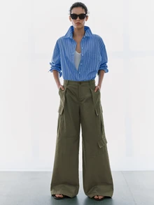 MOTF PREMIUM CHIC FRENCH RELAXED COTTON CARGO WIDE LEG PANTS, AUTUMN/WINTER, BACK TO SCHOOL - Army Green - View 10