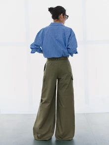 MOTF PREMIUM CHIC FRENCH RELAXED COTTON CARGO WIDE LEG PANTS, AUTUMN/WINTER, BACK TO SCHOOL - Army Green - View 5