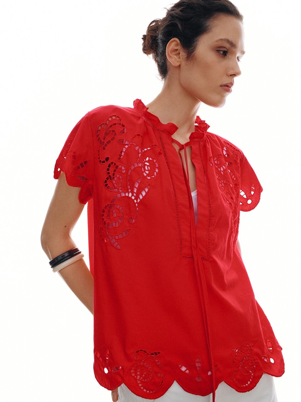 MOTF VACATION ALL COTTON HOLLOW EMBROIDERY V-NECK TIE SHORT SLEEVE TOP SPRING SUMMER