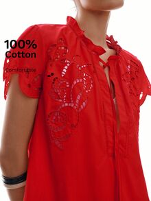 MOTF PREMIUM VACATION 全棉鏤空刺繡V領繫帶短袖上衣 春夏款 - 紅色 - 查看 2
