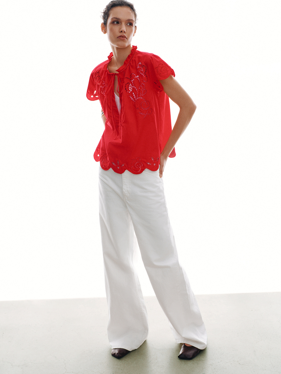 MOTF VACATION ALL COTTON HOLLOW EMBROIDERY V-NECK TIE SHORT SLEEVE TOP SPRING SUMMER