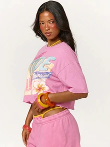 MUSERA 圖形 Logo 印花寬鬆短版圓領 T-shirt，適合夏季度假、春季假期、海灘游泳、Ibiza 派對，可愛 Tides & Tanlines 風格 - 粉色 - 查看 3