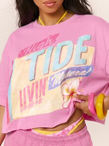 MUSERA 圖形 Logo 印花寬鬆短版圓領 T-shirt，適合夏季度假、春季假期、海灘游泳、Ibiza 派對，可愛 Tides & Tanlines 風格 - 粉色 - 查看 2