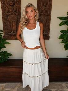 Summer Sherwood Women's New Elegant Bohemian Holiday Style Elastic Waist Patchwork Shell Tassel Floral Hem Long Skirt Fall Cloth For Women - Apricot - View 1