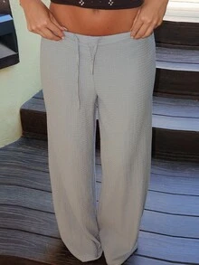 Summer Sherwood 2026夏季新款复古纹理宽松腰部休闲女裤，弹力腰带简约通勤百搭长裤，修身直筒日常穿着灰蓝色飘逸长裤，适合各种体型 - 灰色 - 查看 4