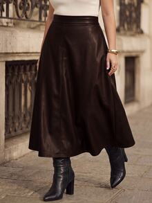 Juhart A-Line Elastic Waist Plus Size Long Leather Commuter Fashion Skirt - Coffee Brown - View 6