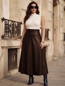 Juhart A-Line Elastic Waist Plus Size Long Leather Commuter Fashion Skirt - Coffee Brown - View 4