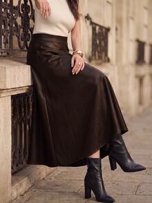 Juhart A-Line Elastic Waist Plus Size Long Leather Commuter Fashion Skirt - Coffee Brown - View 7