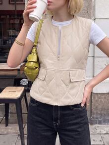 Struktiv Women's Summer Casual Commute Round Neck Zipper Utility Vest Thick Padded Reversible Jacket Everyday Beige - Apricot - View 6
