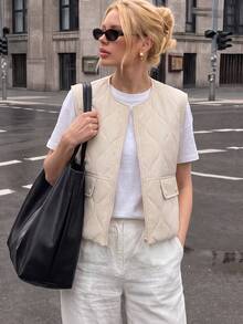 Struktiv Women's Summer Casual Commute Round Neck Zipper Utility Vest Thick Padded Reversible Jacket Everyday Beige - Apricot - View 1