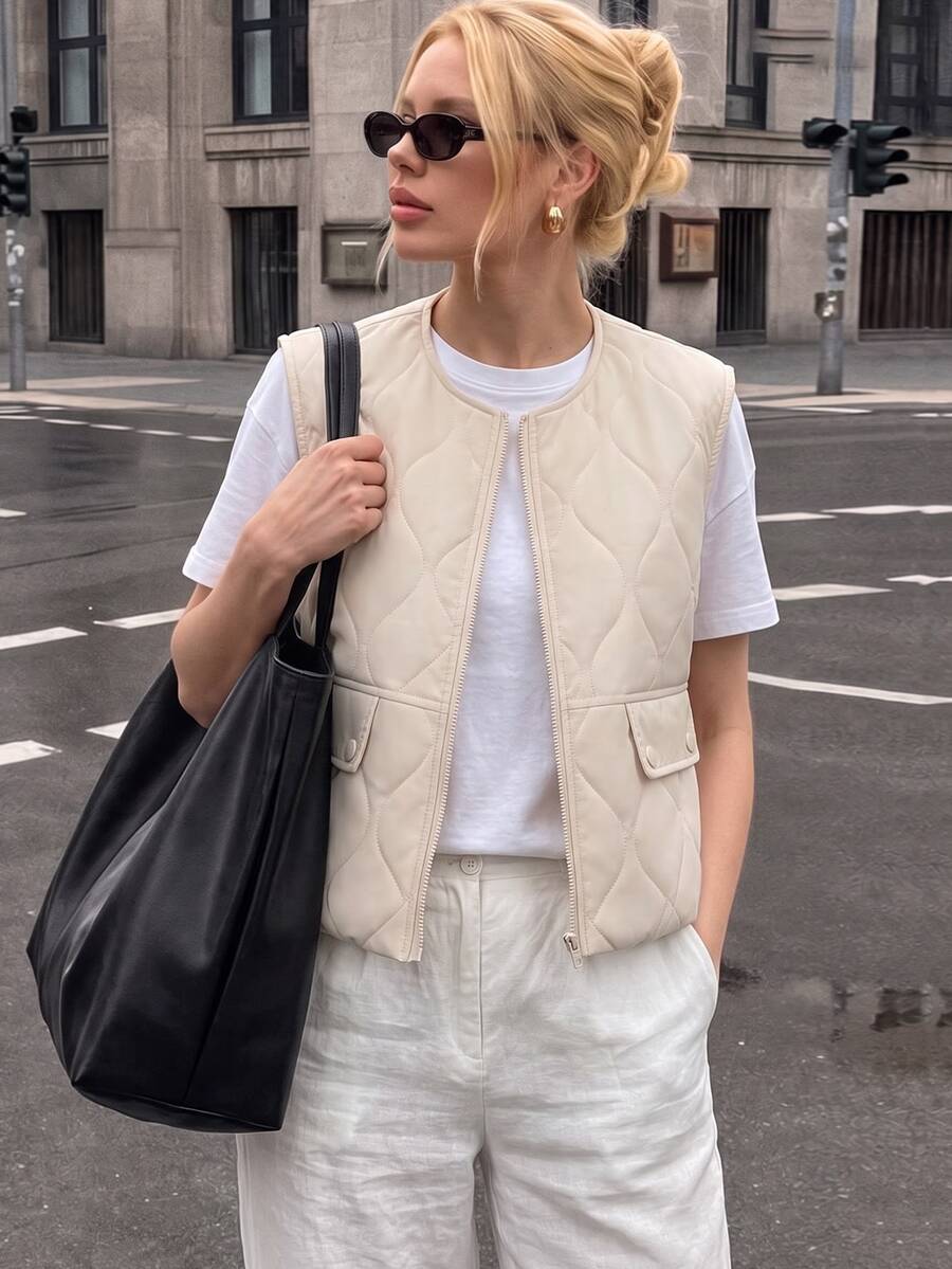 Struktiv Women's Summer Casual Commute Round Neck Zipper Utility Vest Thick Padded Reversible Jacket Everyday Beige - Apricot - View 1