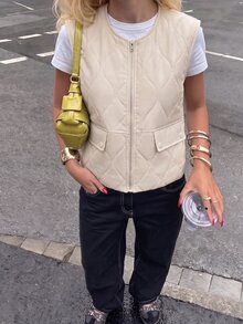 Struktiv Women's Summer Casual Commute Round Neck Zipper Utility Vest Thick Padded Reversible Jacket Everyday Beige - Apricot - View 4