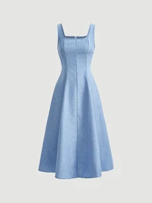 SHEIN MOD Women's Imitation Denim Slim Segmentation Backless Sleeveless Cable Knit Sweater Dress, Graduation Dress - Blue - View 2
