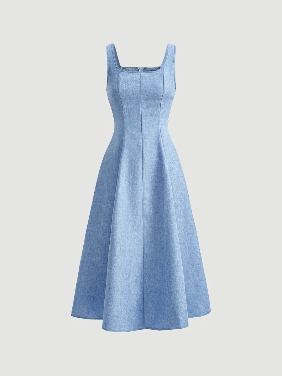 SHEIN MOD Women's Imitation Denim Slim Segmentation Backless Sleeveless Cable Knit Sweater Dress, Graduation Dress