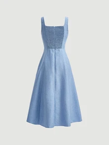 SHEIN MOD Women's Imitation Denim Slim Segmentation Backless Sleeveless Cable Knit Sweater Dress, Graduation Dress - Blue - View 3