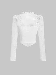 SHEIN MOD Lace Floral Patchwork Long Sleeve Women's Top - White - View 2