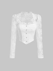 SHEIN MOD Lace Floral Patchwork Long Sleeve Women's Top - White - View 1
