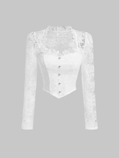 SHEIN MOD Lace Floral Patchwork Long Sleeve Women's Top