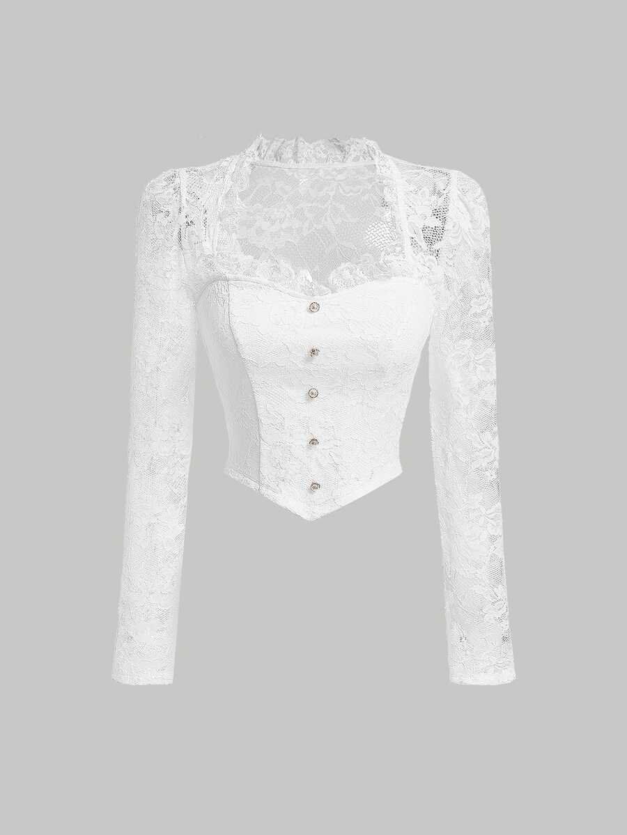 SHEIN MOD Lace Floral Patchwork Long Sleeve Women's Top - White - View 1