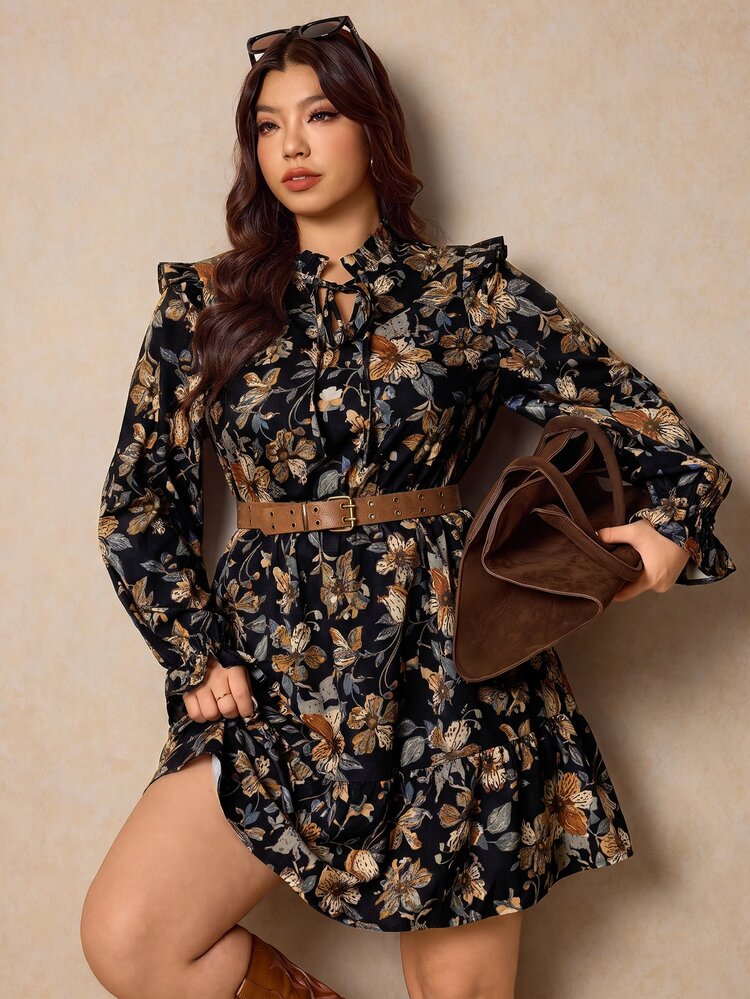 Elaquor Plus Size Autumn Casual Floral Print Dress - Black - View 6