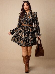 Elaquor 大尺碼秋季休閒花卉印花洋裝 - 黑色 - 查看 5