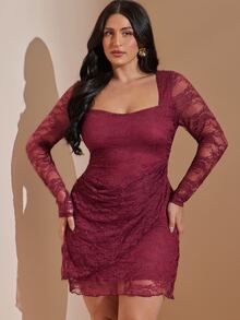 SHEIN BAE CURVE 大尺碼女款蕾絲拼接抓皺性感優雅休閒洋裝，適合秋季派對夜晚，酒紅色 - 紅色 - 查看 5