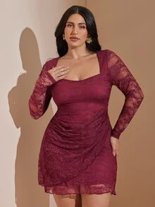 SHEIN BAE CURVE 大尺碼女款蕾絲拼接抓皺性感優雅休閒洋裝，適合秋季派對夜晚，酒紅色 - 紅色 - 查看 6
