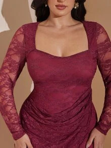 SHEIN BAE CURVE 大尺碼女款蕾絲拼接抓皺性感優雅休閒洋裝，適合秋季派對夜晚，酒紅色 - 紅色 - 查看 8