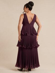 SHEIN BAE CURVE Plus Size Women's Multi-Layer Cake Ruffle Patchwork Vintage Dress - Coffee Brown - View 4