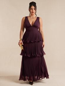 SHEIN BAE CURVE Plus Size Women's Multi-Layer Cake Ruffle Patchwork Vintage Dress - Coffee Brown - View 2