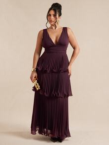 SHEIN BAE CURVE Plus Size Women's Multi-Layer Cake Ruffle Patchwork Vintage Dress - Coffee Brown - View 5